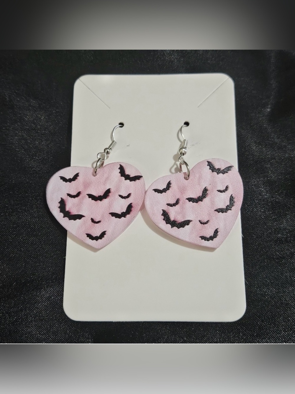 Halloween Earrings pink acrylic heart dangle earrings decorated with black bats